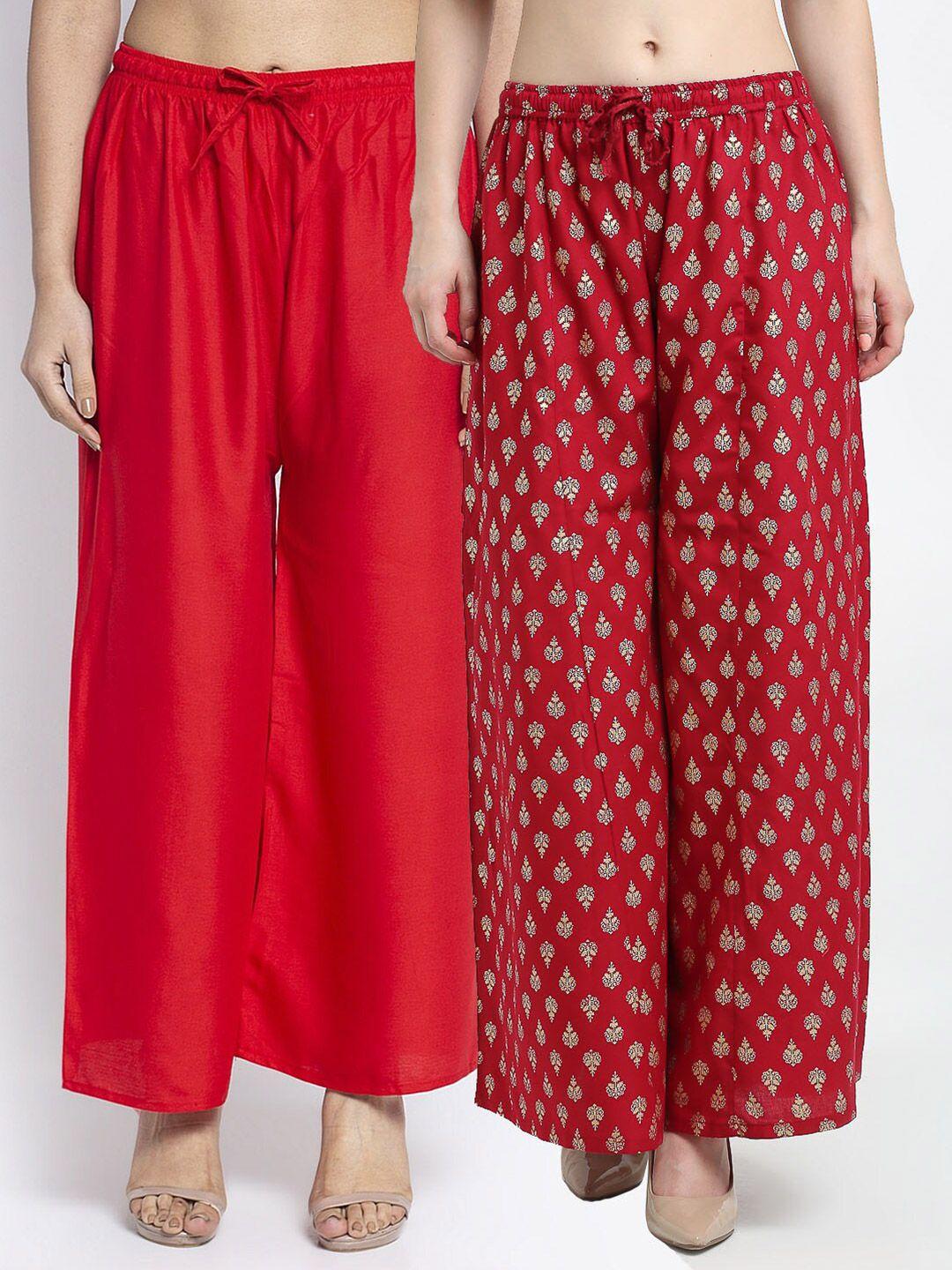 jinfo-women-pack-of-2-red-&-maroon-printed-knitted-ethnic-palazzos