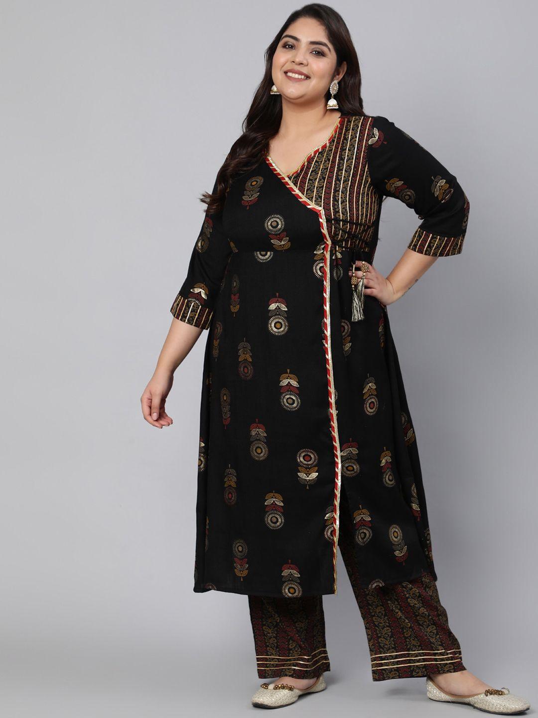 jaipur-kurta-women-black-floral-printed-angrakha-gotta-patti-kurta-with-trousers