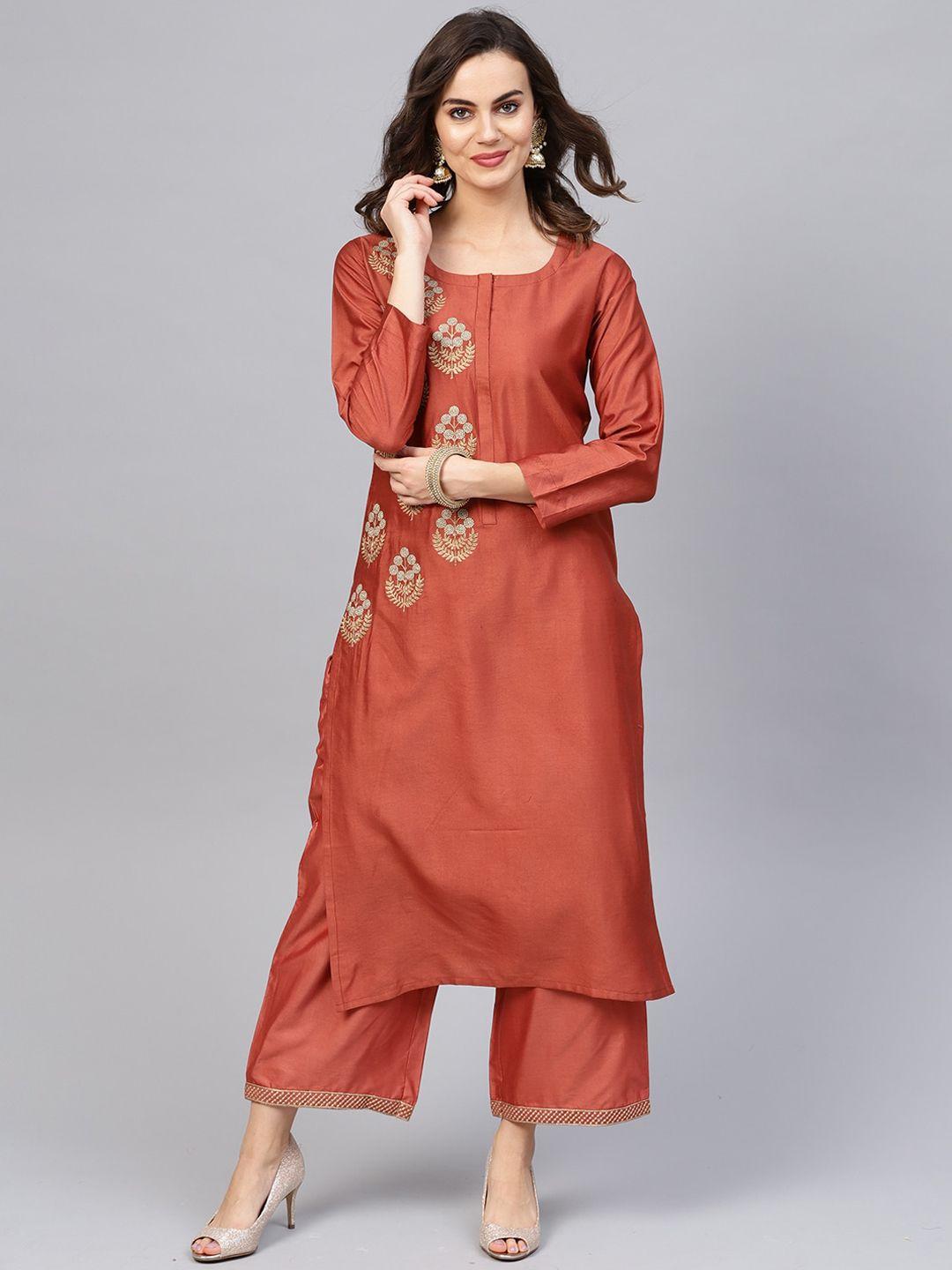 indo-era-women-rust-embroidered-chanderi-silk-kurta-with-palazzos