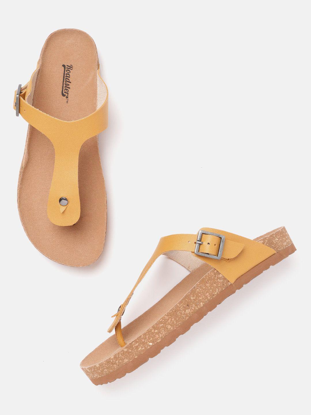 roadster-women-mustard-yellow-solid-t-strap-flats-with-buckles