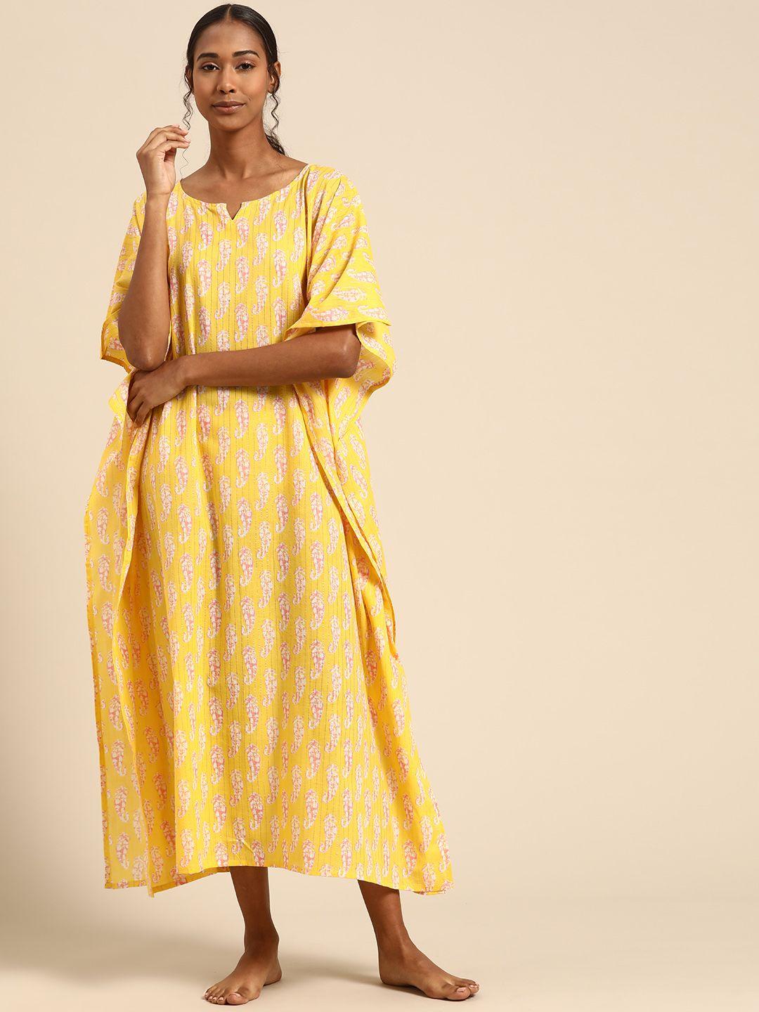 prakrti-yellow-&-pink-jaal-lurex-print-pure-cotton-kaftan-nightdress