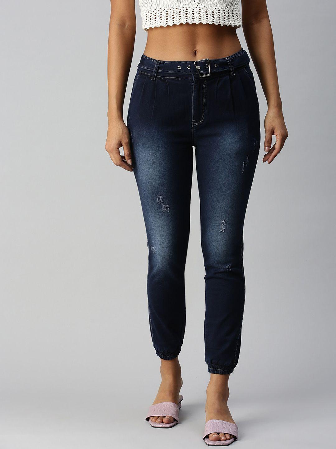 showoff-women-navy-blue-jogger-high-rise-low-distress-heavy-fade-stretchable-jeans