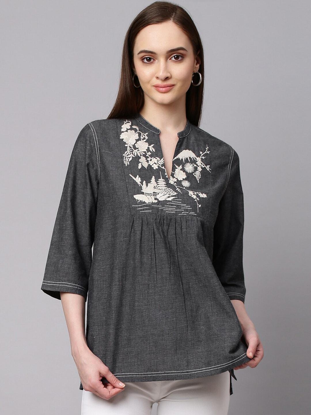 modern-indian-by-chemistry-women-charcoal-chambrey-embroidered-pure-cotton-kurti