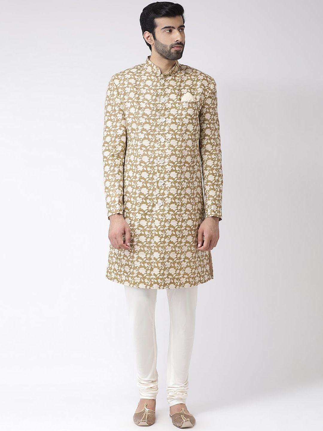 kisah-men-brown-&-cream-printed-cotton-sherwani-set