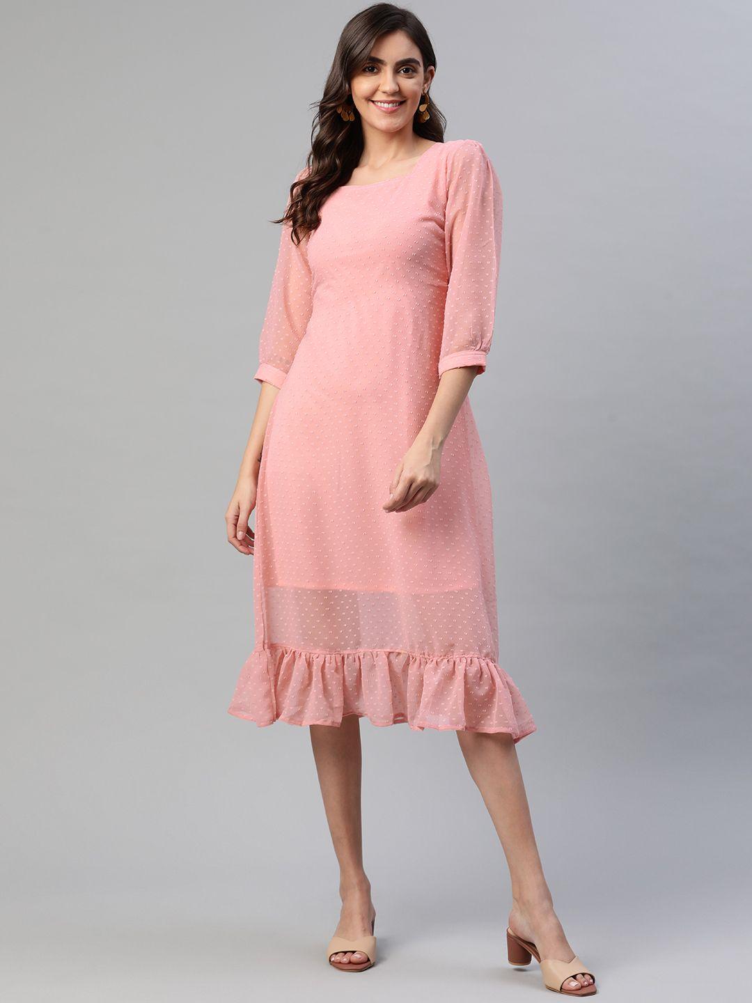 aarika-women-peach-coloured-dobby-weave-a-line-midi-dress