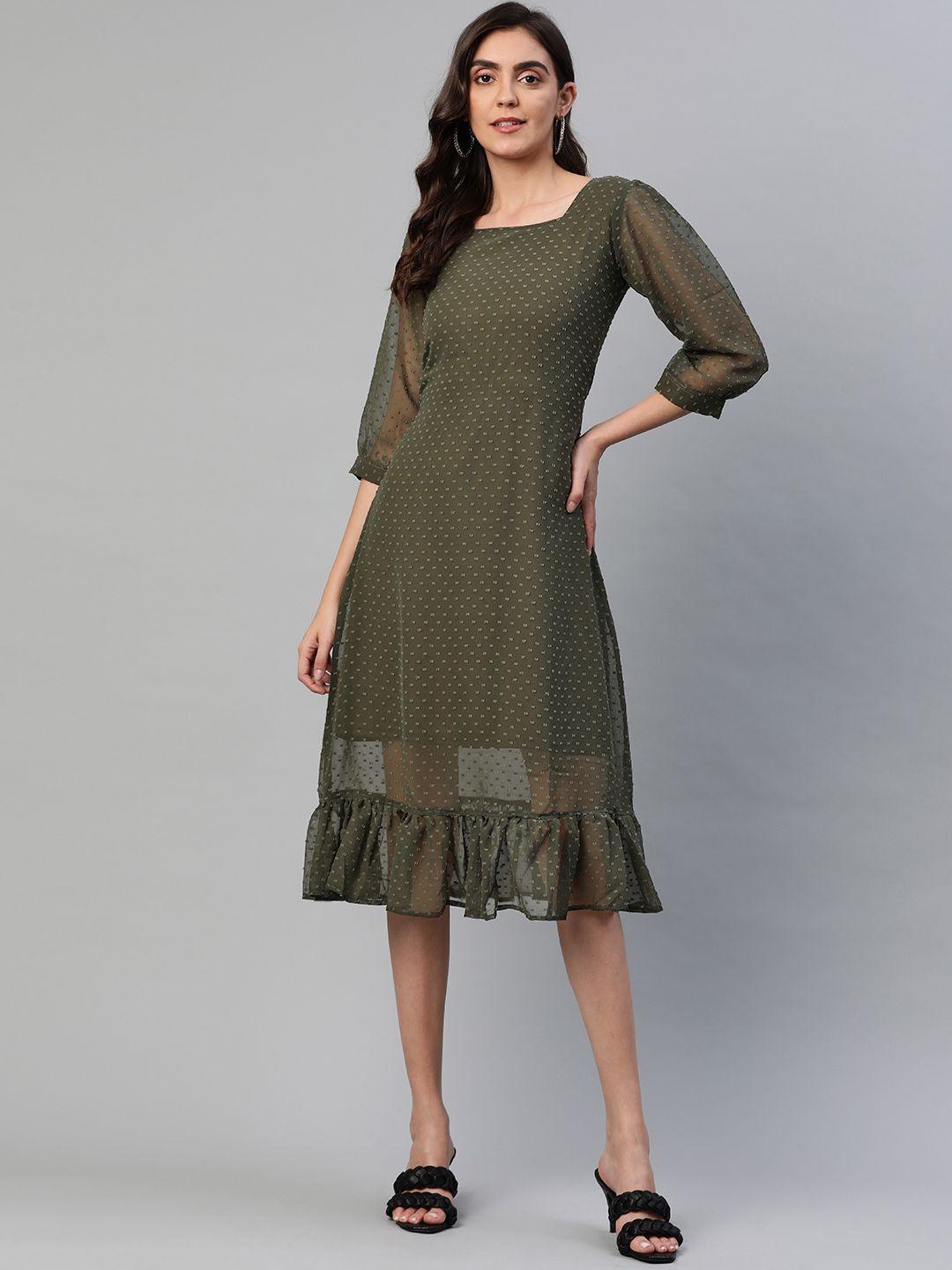 aarika-women-olive-green-dobby-weave-a-line-midi-dress