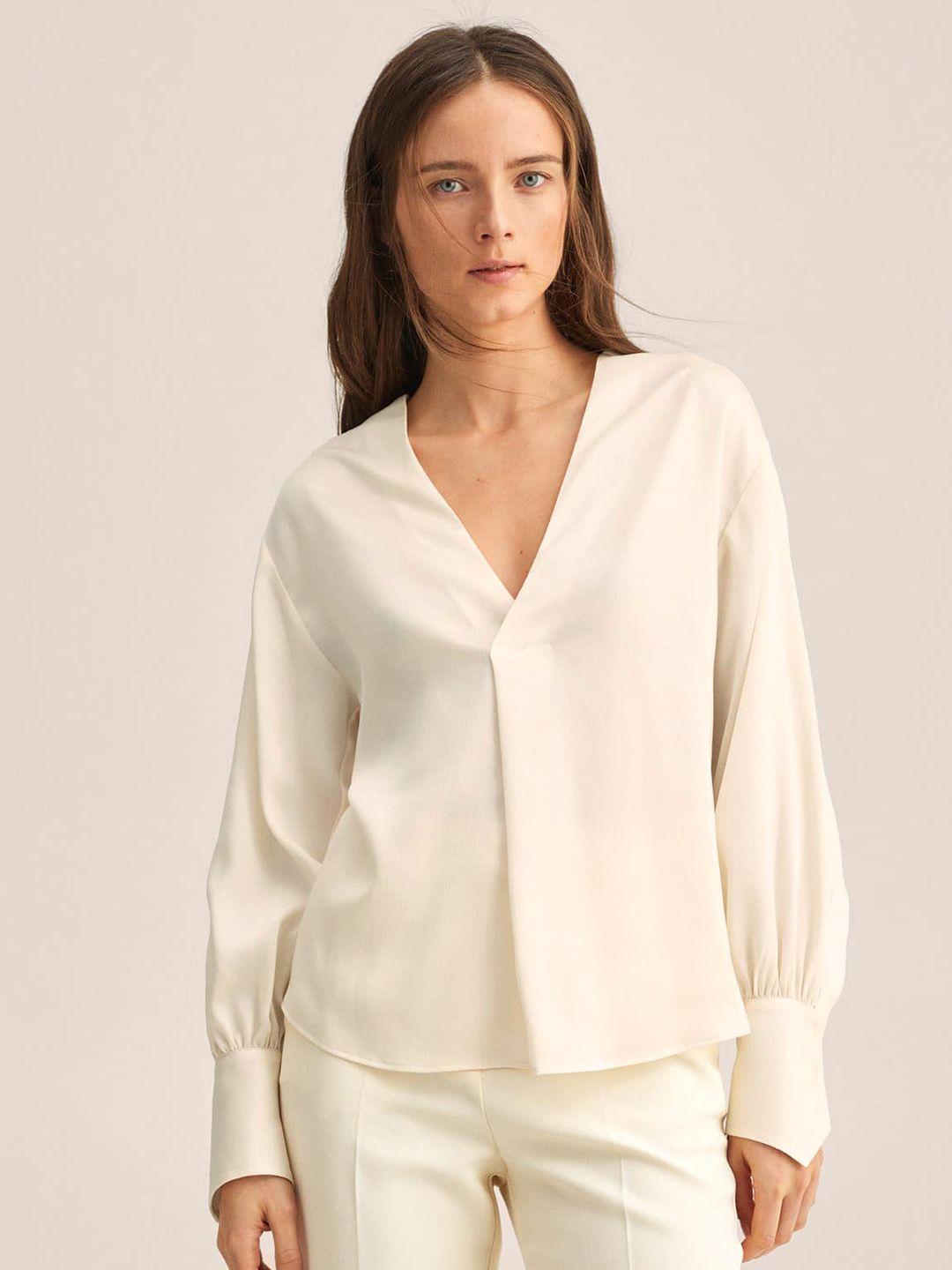 mango-women-off-white-solid-cuffed-sleeves-satin-finish-flowy-top