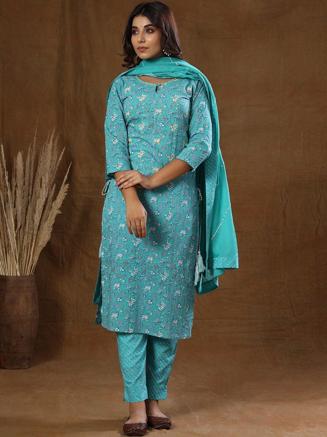 kaajh-women-sea-green-ethnic-motifs-printed-pure-cotton-kurta-with-trousers-&-with-dupatta