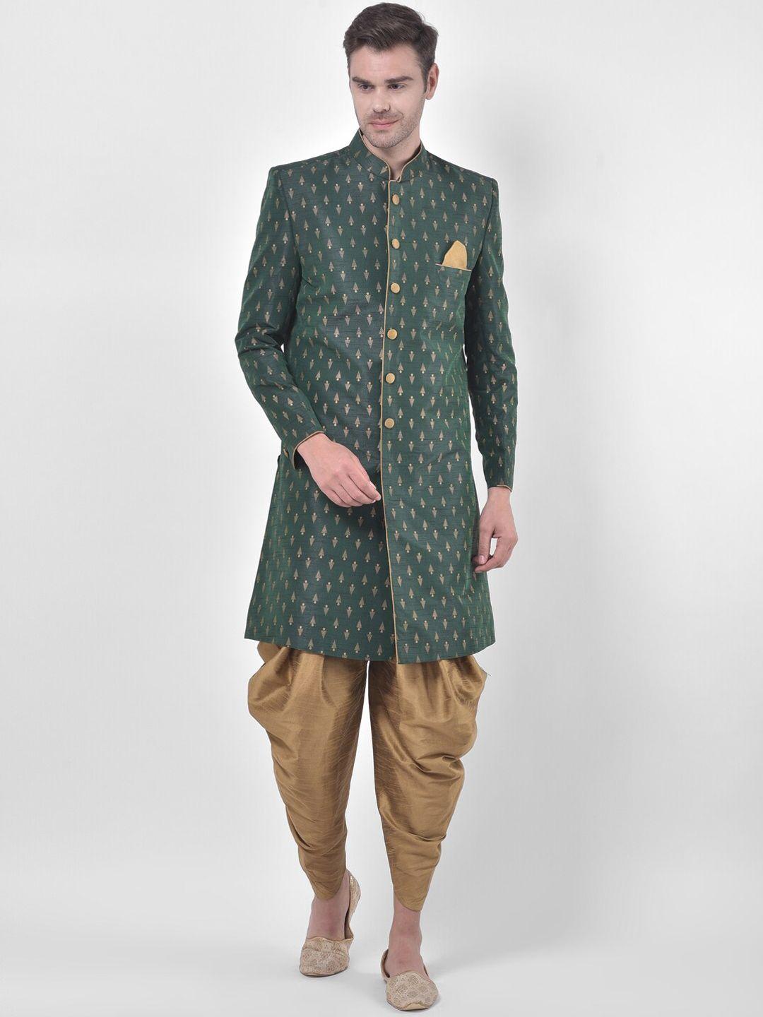 deyann-men-dark-green-&-gold-colored-printed-sherwani-set