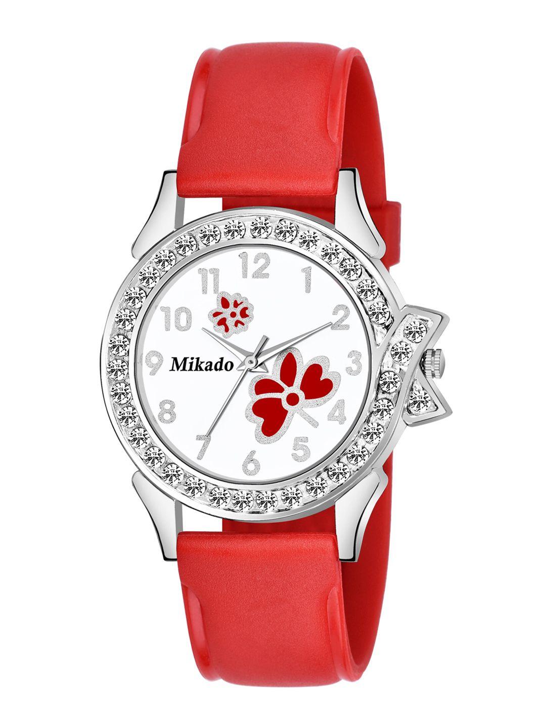 mikado-women-white-brass-embellished-dial-&-red-leather-straps-analogue-watch-aa-1223