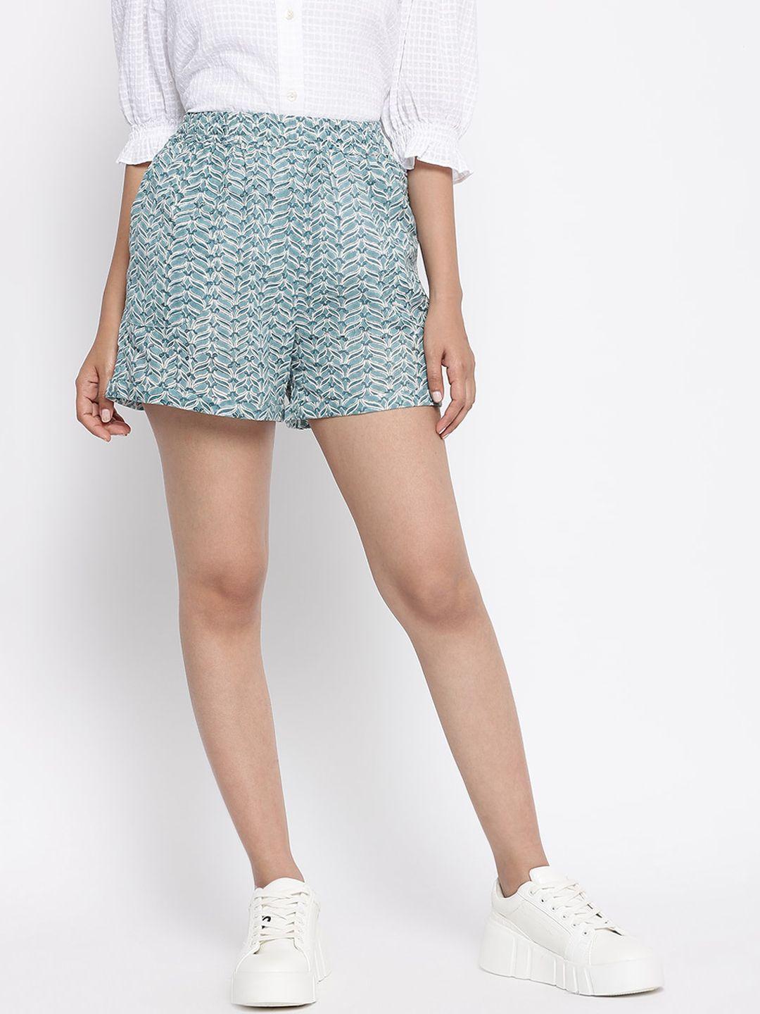 fabindia-women-blue-&-white-printed-cotton-shorts