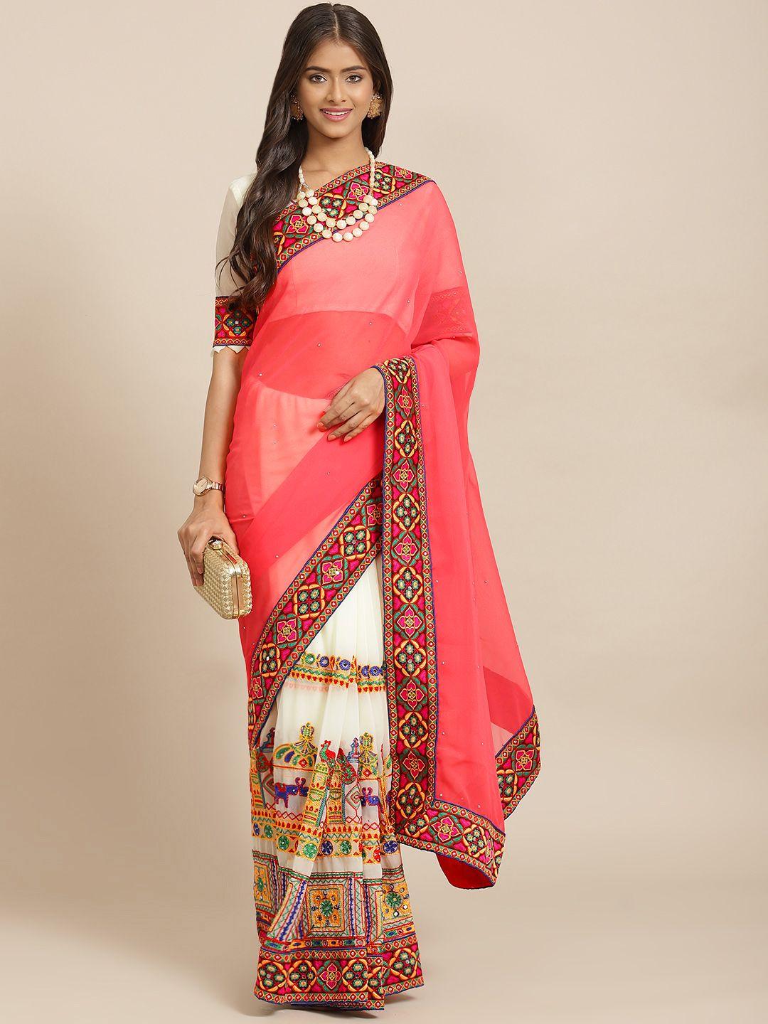 serona-fabrics-white-&-pink-ethnic-motifs-embroidered-pure-georgette-half-and-half-saree