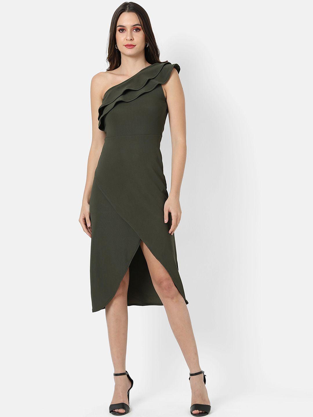 campus-sutra-olive-green-one-shoulder-crepe-a-line-midi-dress