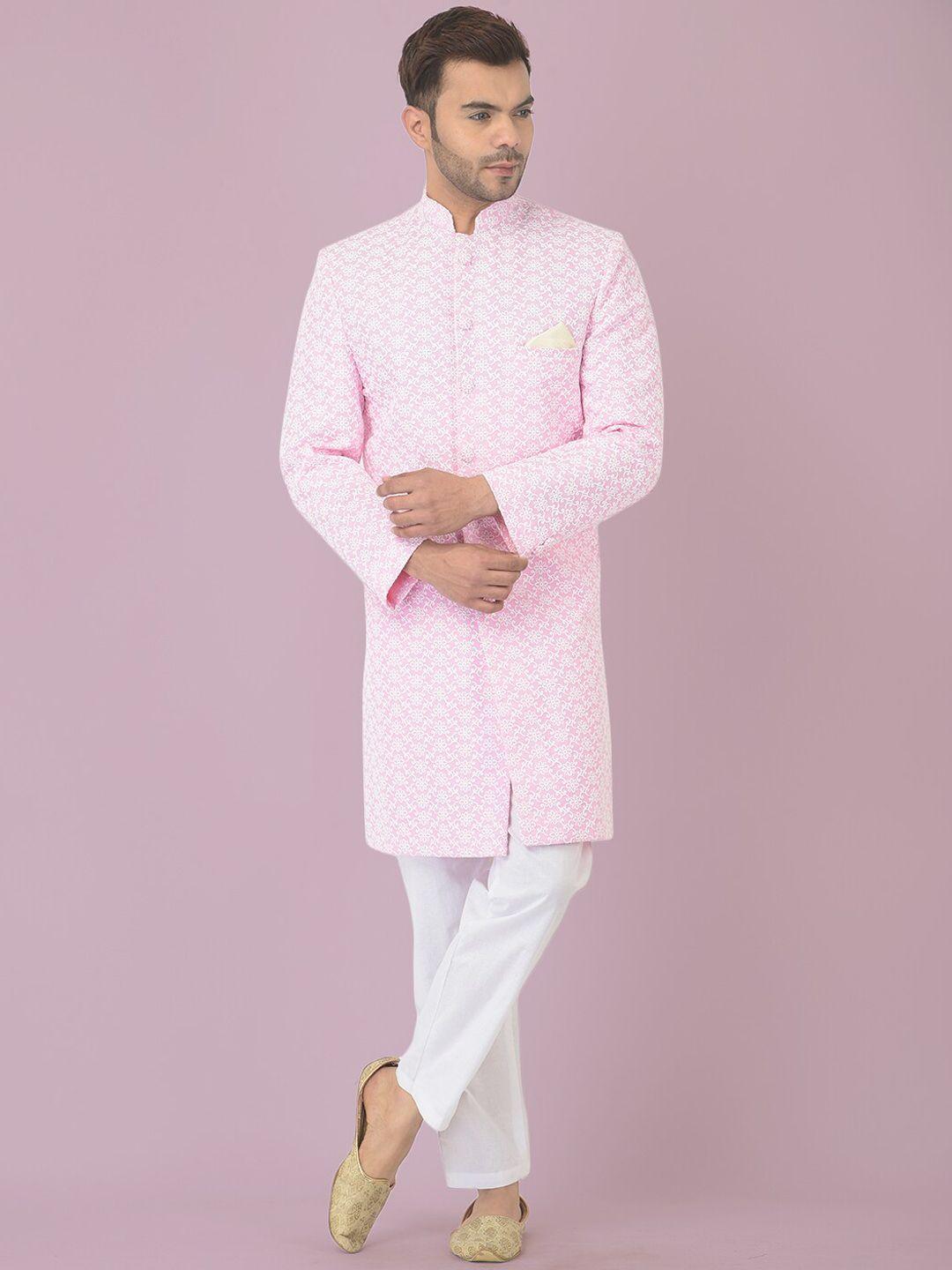 deyann-men-pink-&-white-pure-cotton-chikankari-embroidered-sherwani-&-trouser