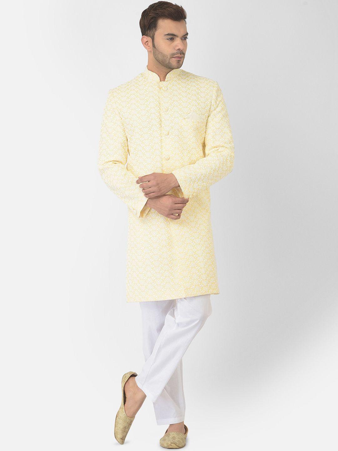 deyann-men-yellow-pure-cotton-chikankari-embroidered-sherwani-&-trouser