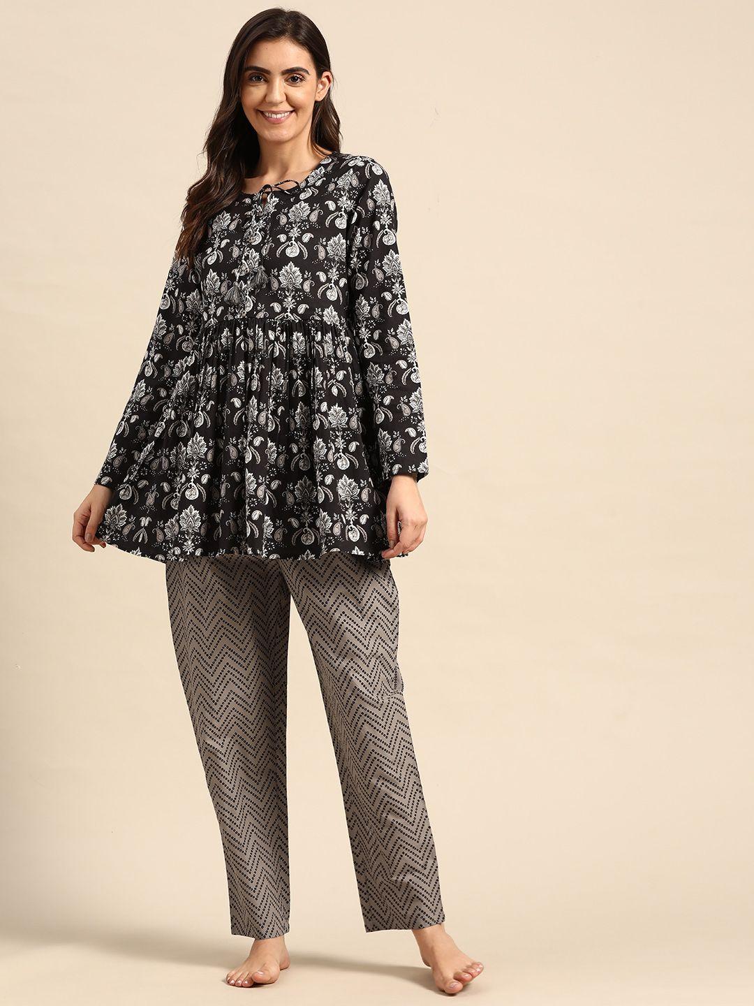 prakrti-women-black-&-grey-floral-print-pure-cotton-pyjama-set