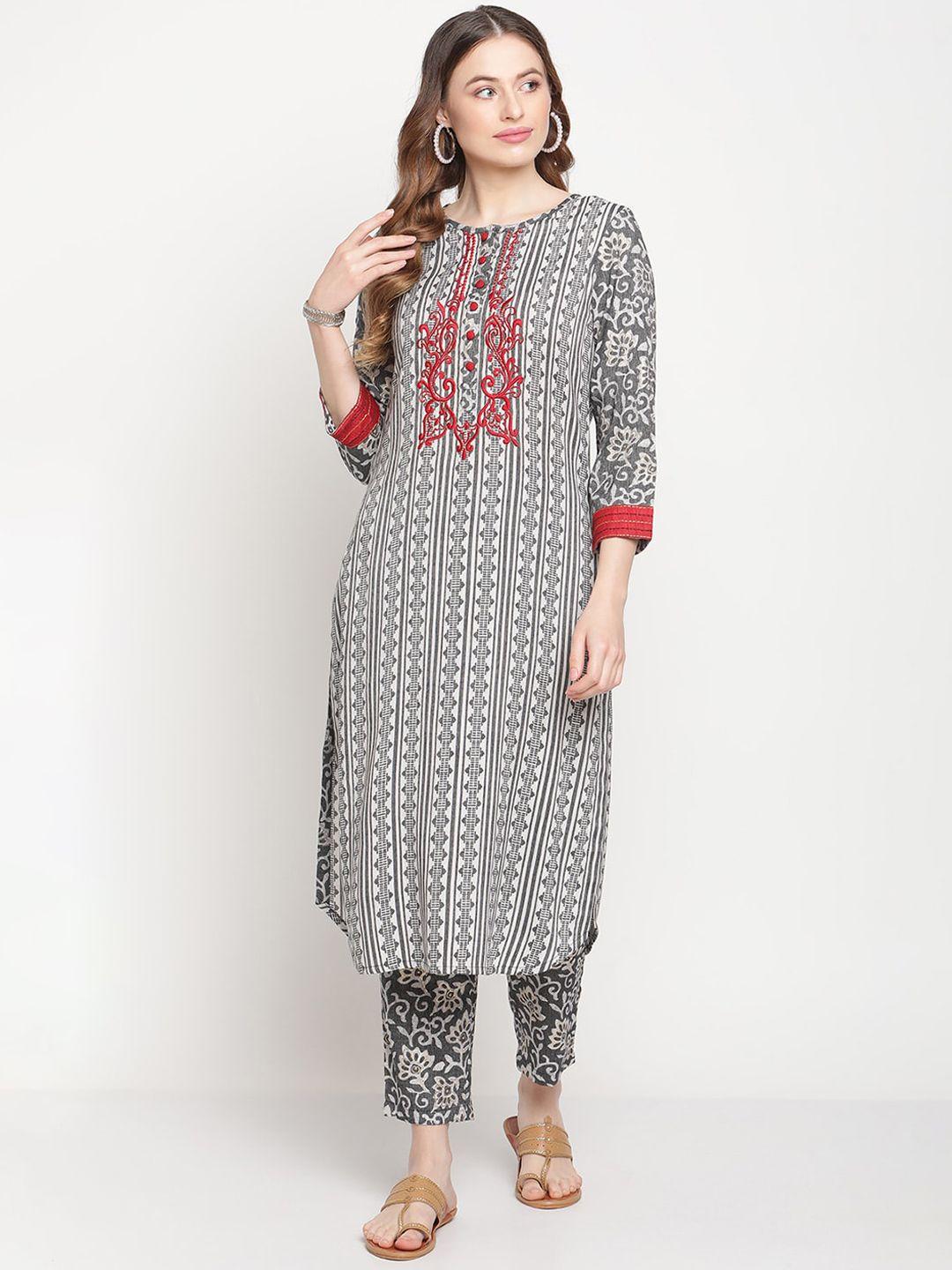 be-indi-women-black-floral-printed-embroidered-kurta-with-trousers