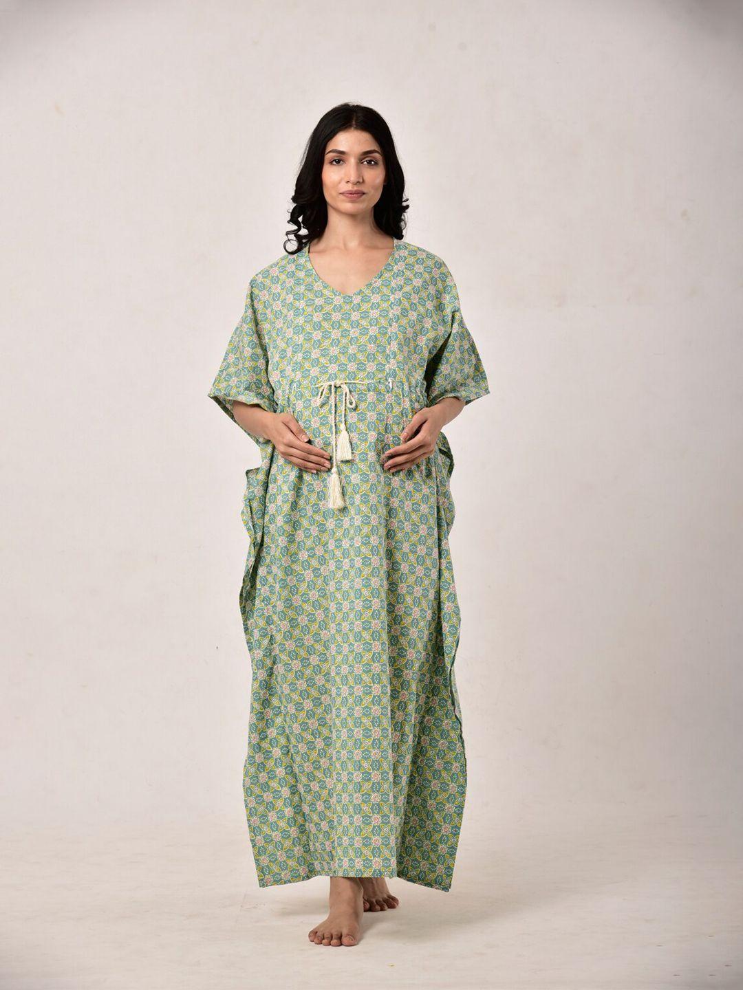 ikk-kudi-by-seerat-green-printed-pure-cotton-maternity-&-nursing-kaftan-maxi-nightdress