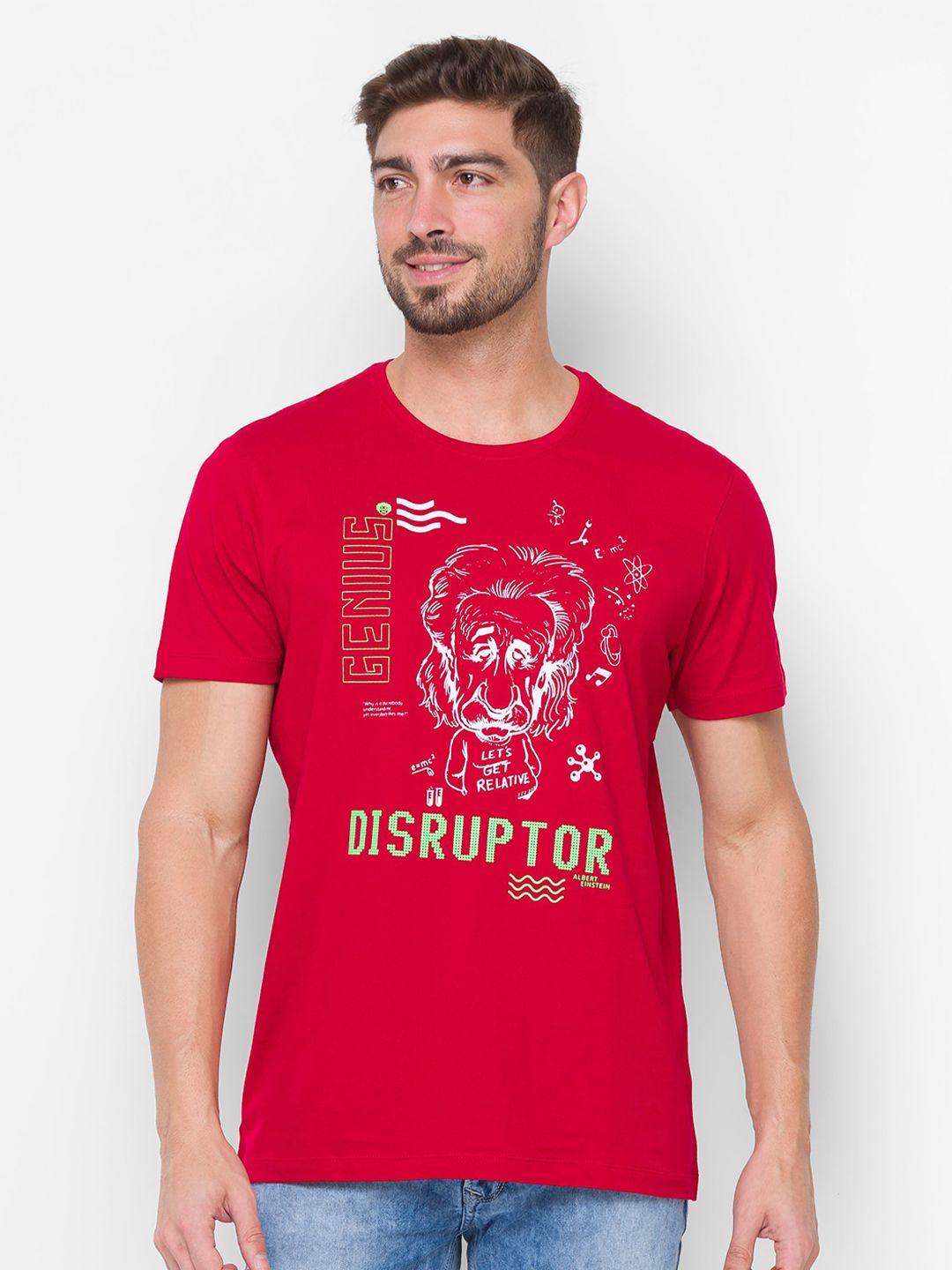 spykar-men-red-printed-slim-fit-cotton-t-shirt