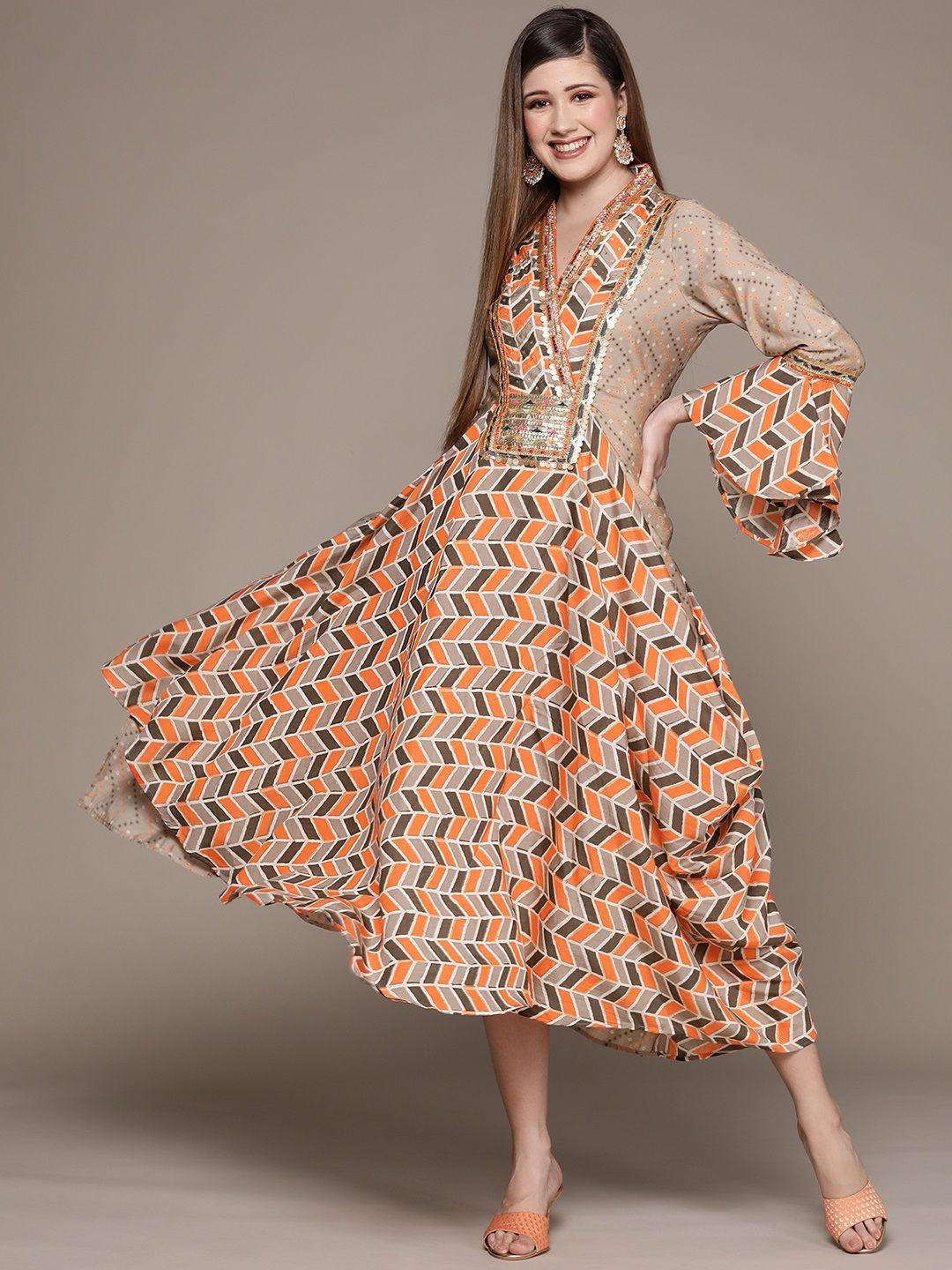 ishin-women-taupe-&-orange-geometric-printed-embellished-ethnic-a-line-midi-dress