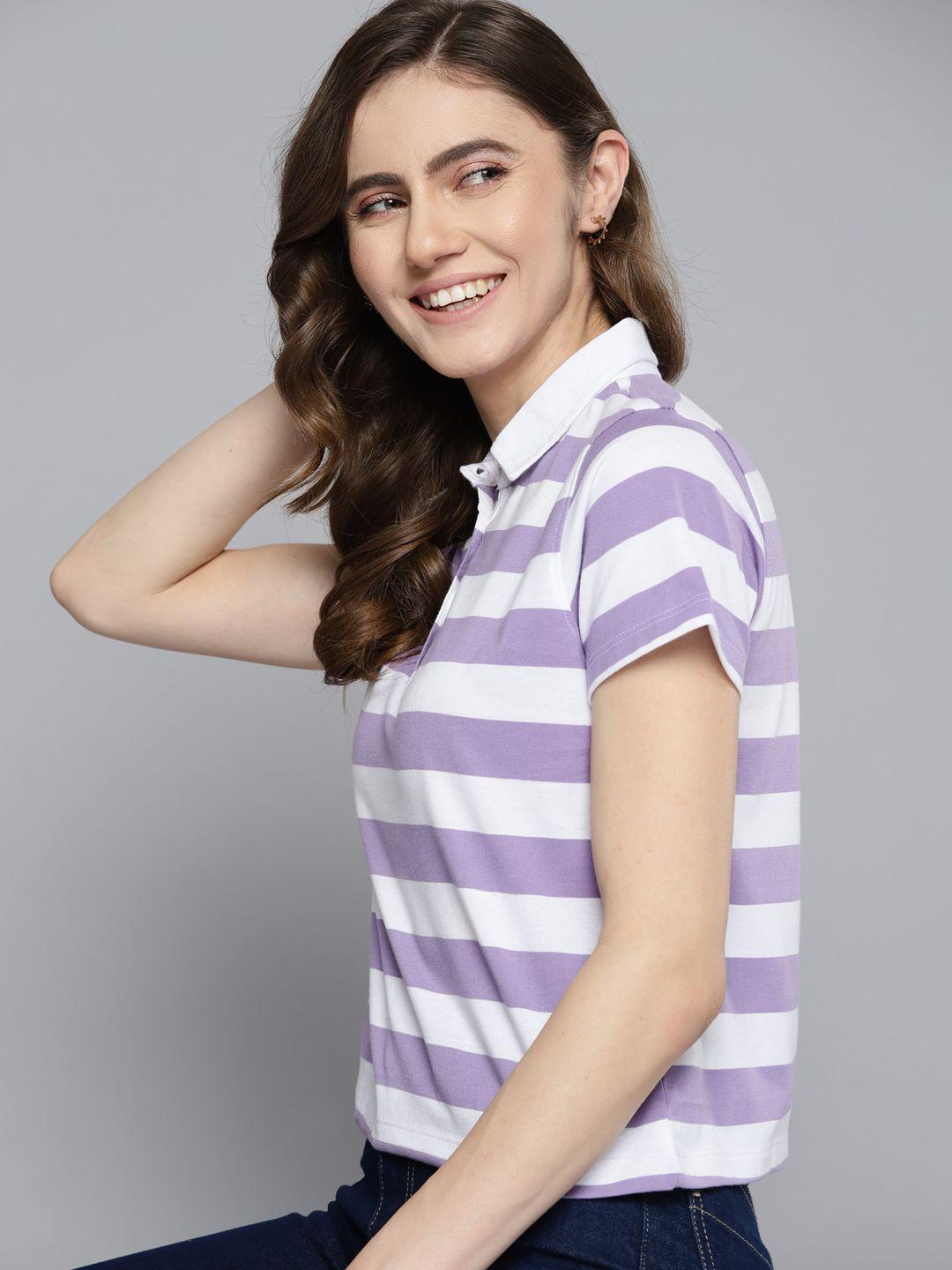 mast-&-harbour-women-white-&-lavender-striped-polo-collar-t-shirt