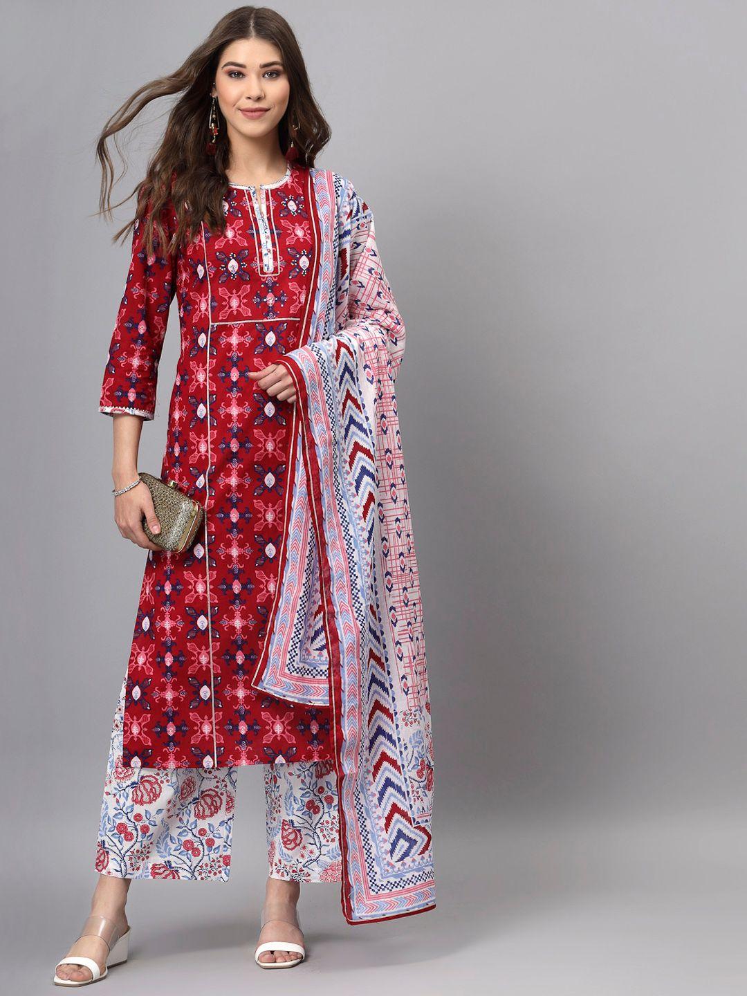 qomn-women-maroon-floral-printed-pure-cotton-kurta-with-palazzos-&-with-dupatta