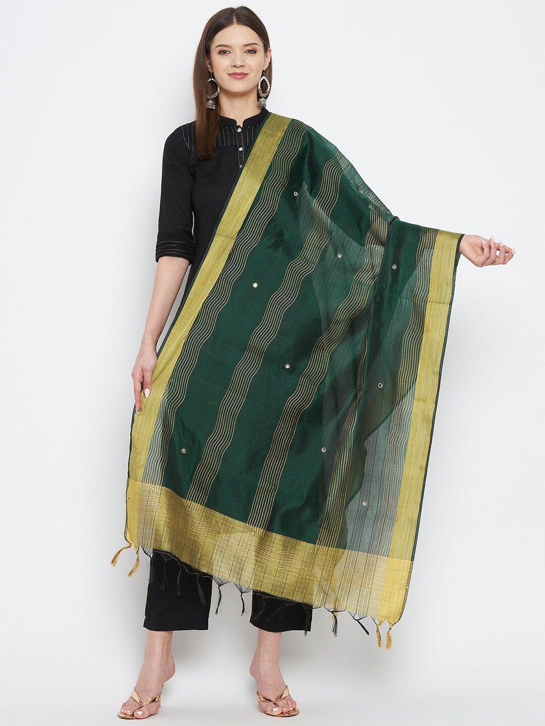 clora-creation-green-&-beige-striped-dupatta-with-beads-and-stones