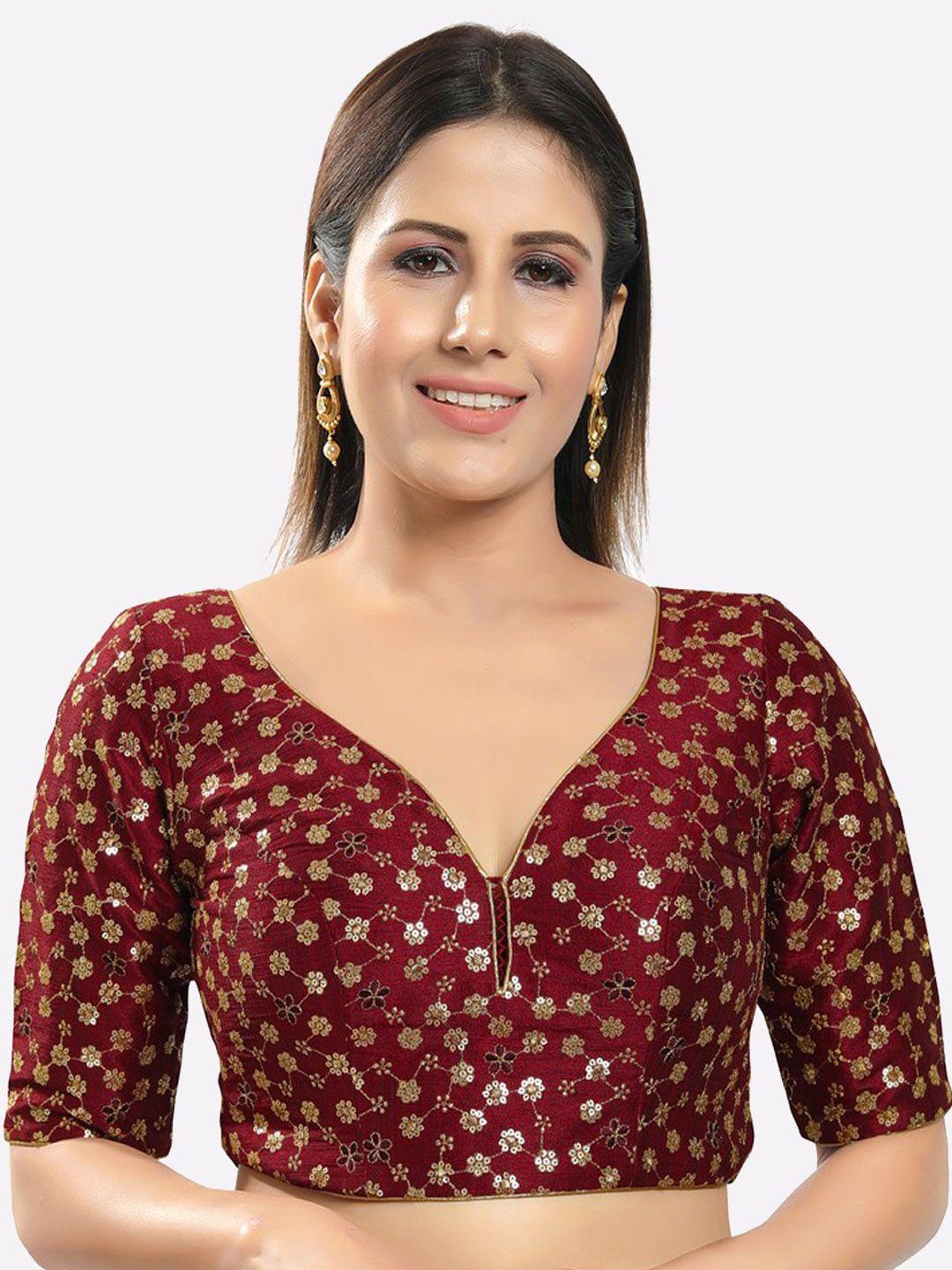 salwar-studio-women-gold-toned-&-maroon-embroidered-readymade-saree-blouse