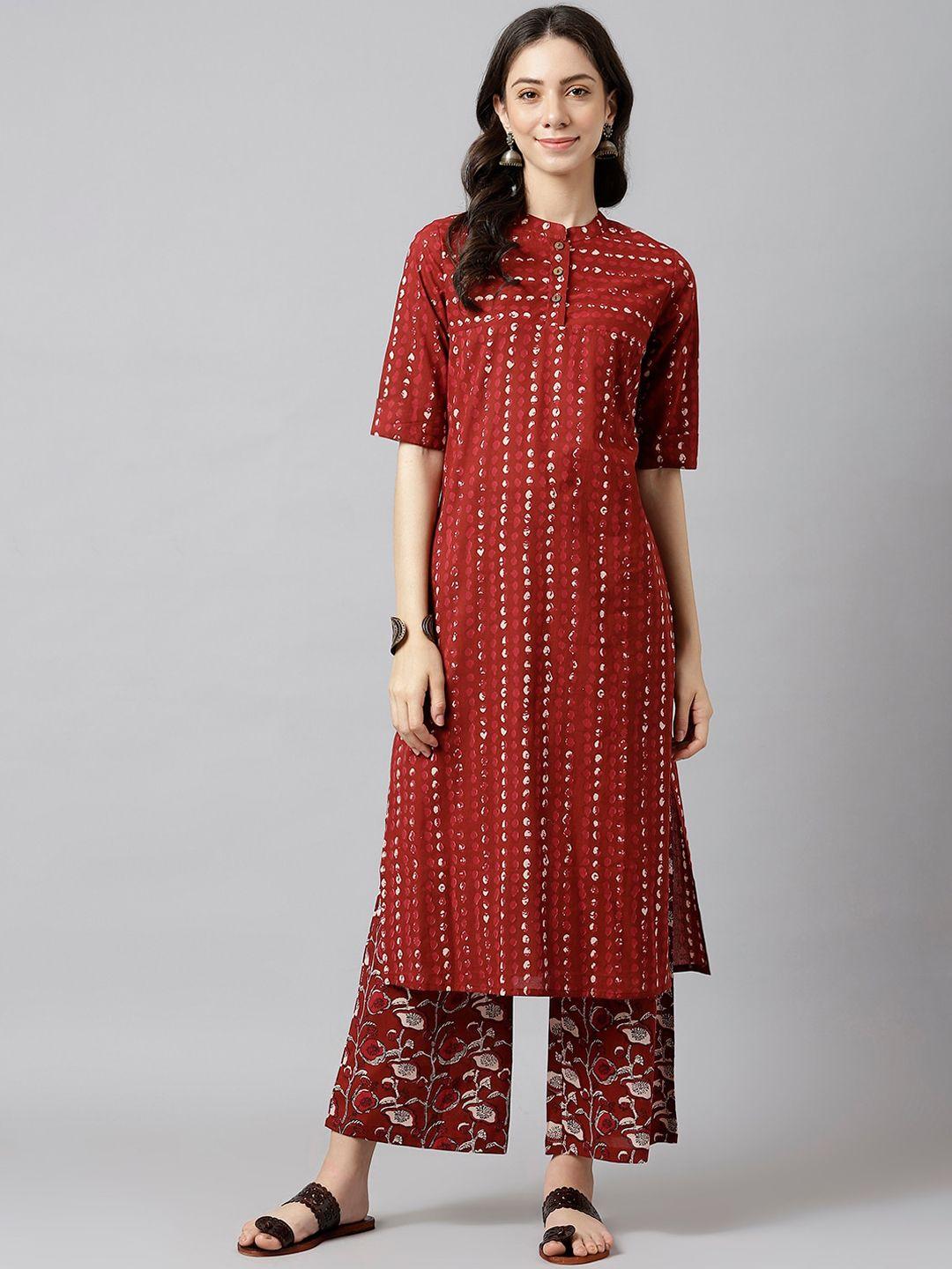 deckedup-women-maroon-striped-panelled-pure-cotton-kurti-with-palazzos