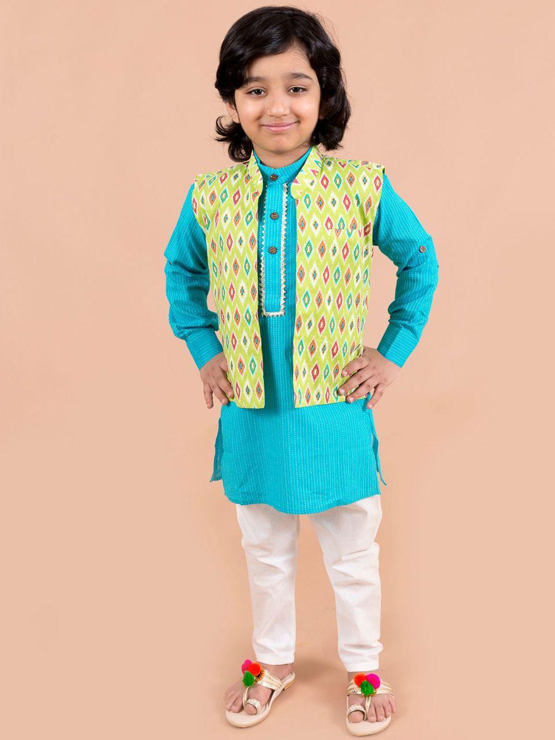 lil-pitaara-boys-blue-embroidered-pure-cotton-kurta-trousers-with-nehru-jacket