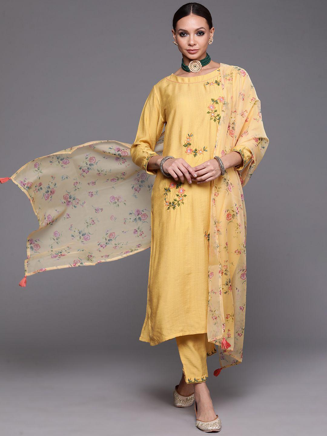 indo-era-women-yellow-floral-embroidered-thread-work-kurta-with-trousers-&-with-dupatta