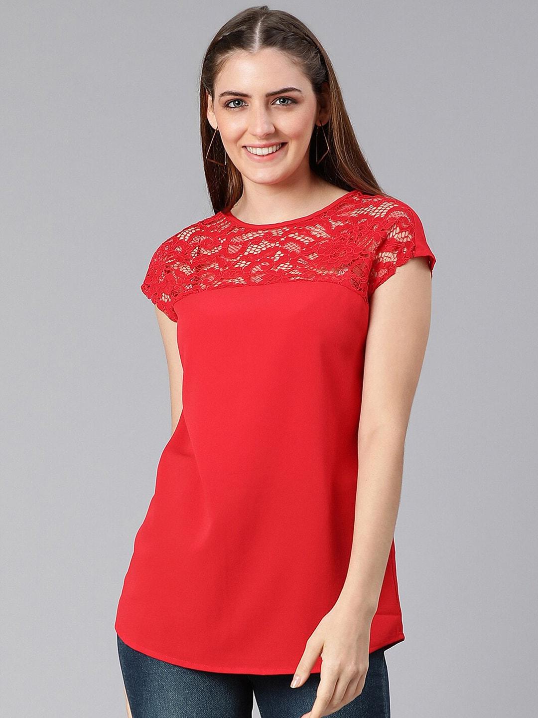 oxolloxo-women-red-solid-laced-top