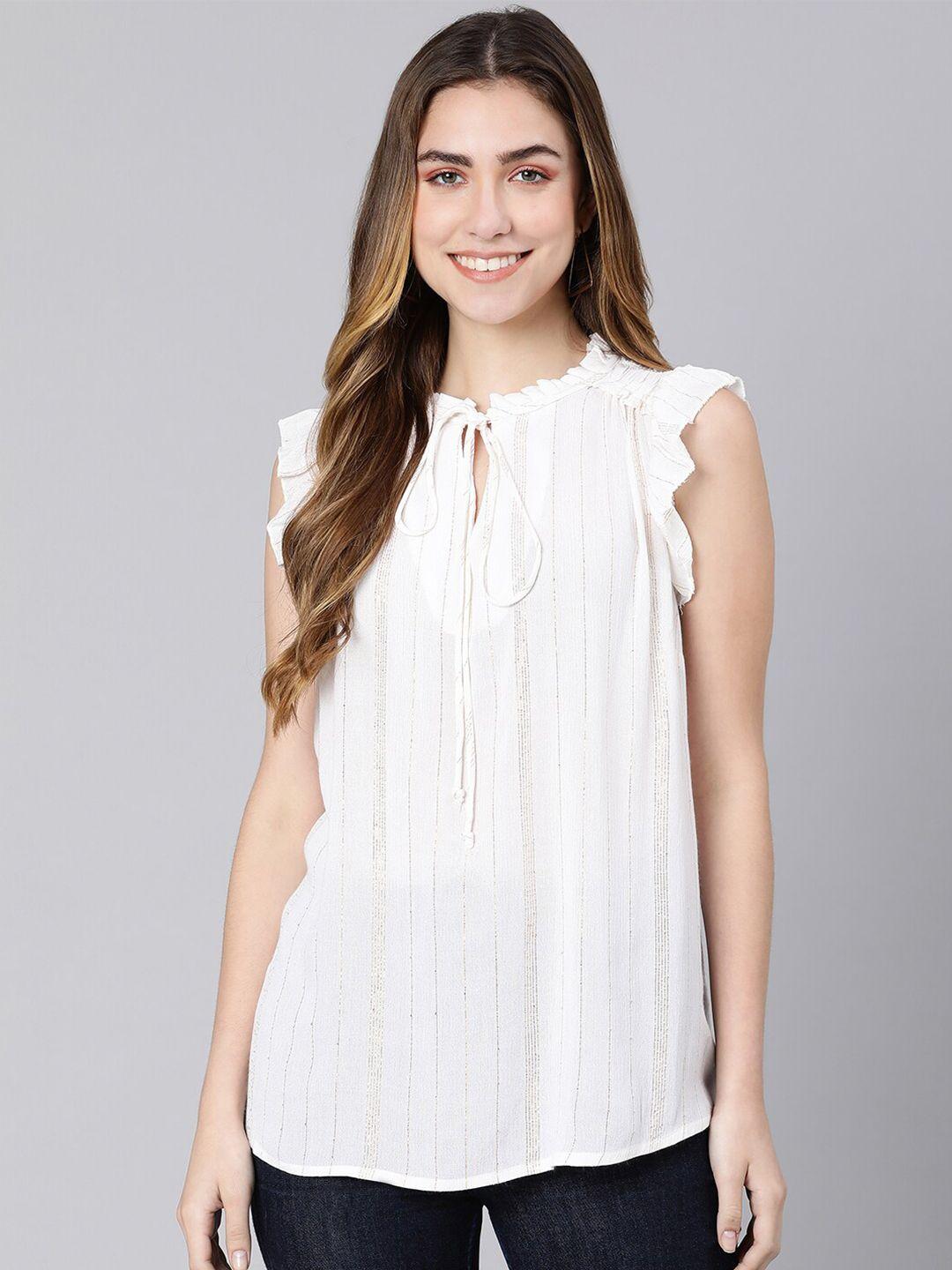 oxolloxo-women-white-striped-tie-up-neck-ruffles-crepe-top