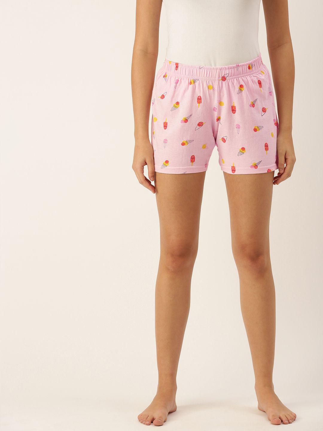 clt-s-women-pink-&-yellow-pure-cotton-conversational-printed-lounge-shorts