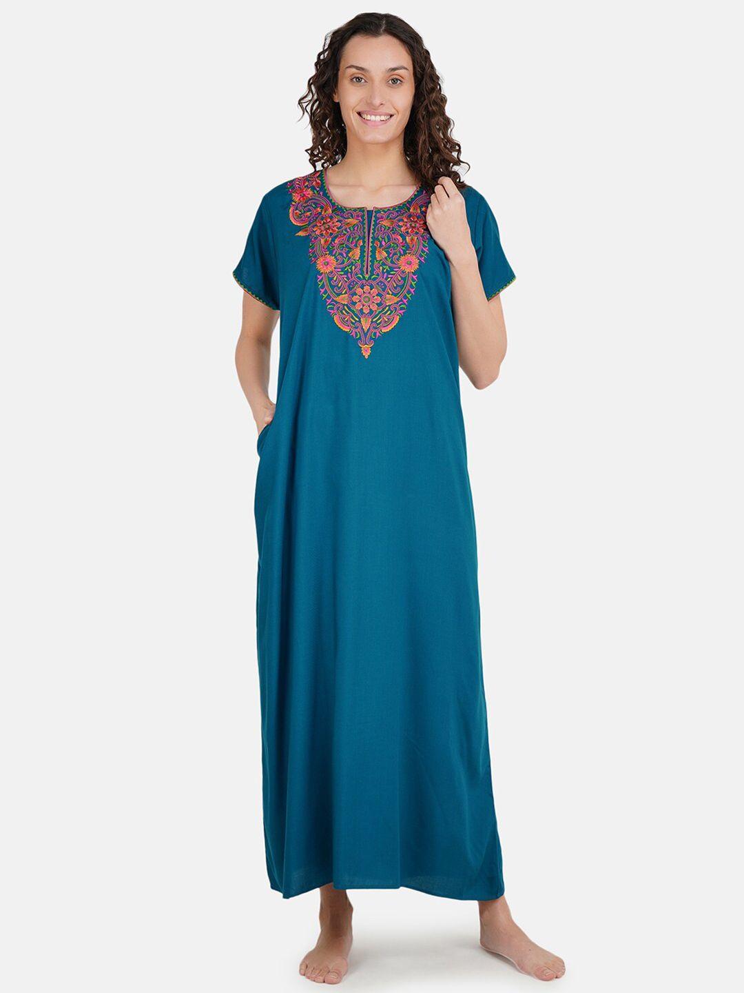 koi-sleepwear-peacock-blue-embroidered-maxi-nightdress