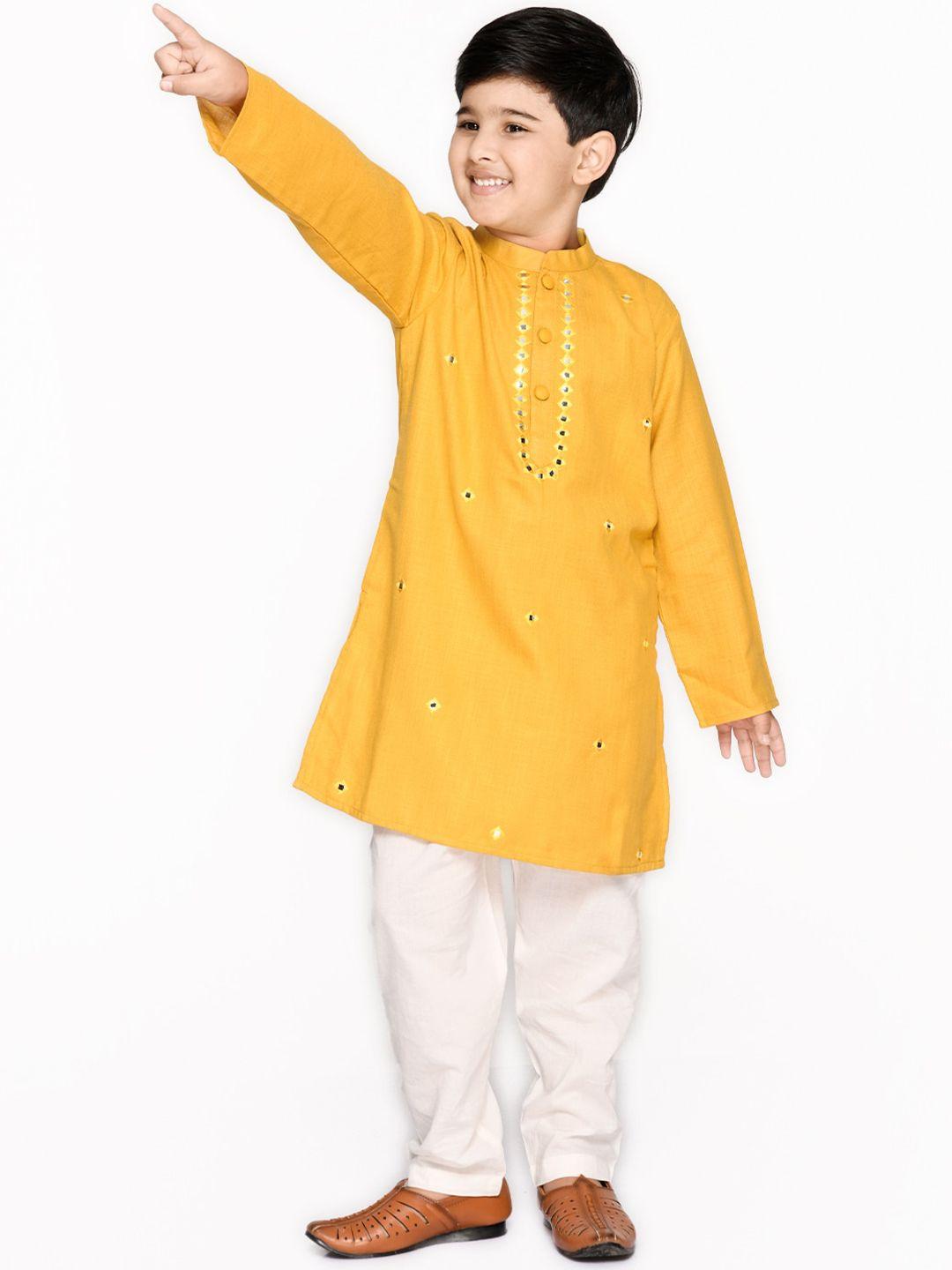 saka-designs-boys-mustard-yellow-mirror-work-pure-cotton-kurta-with-pyjamas