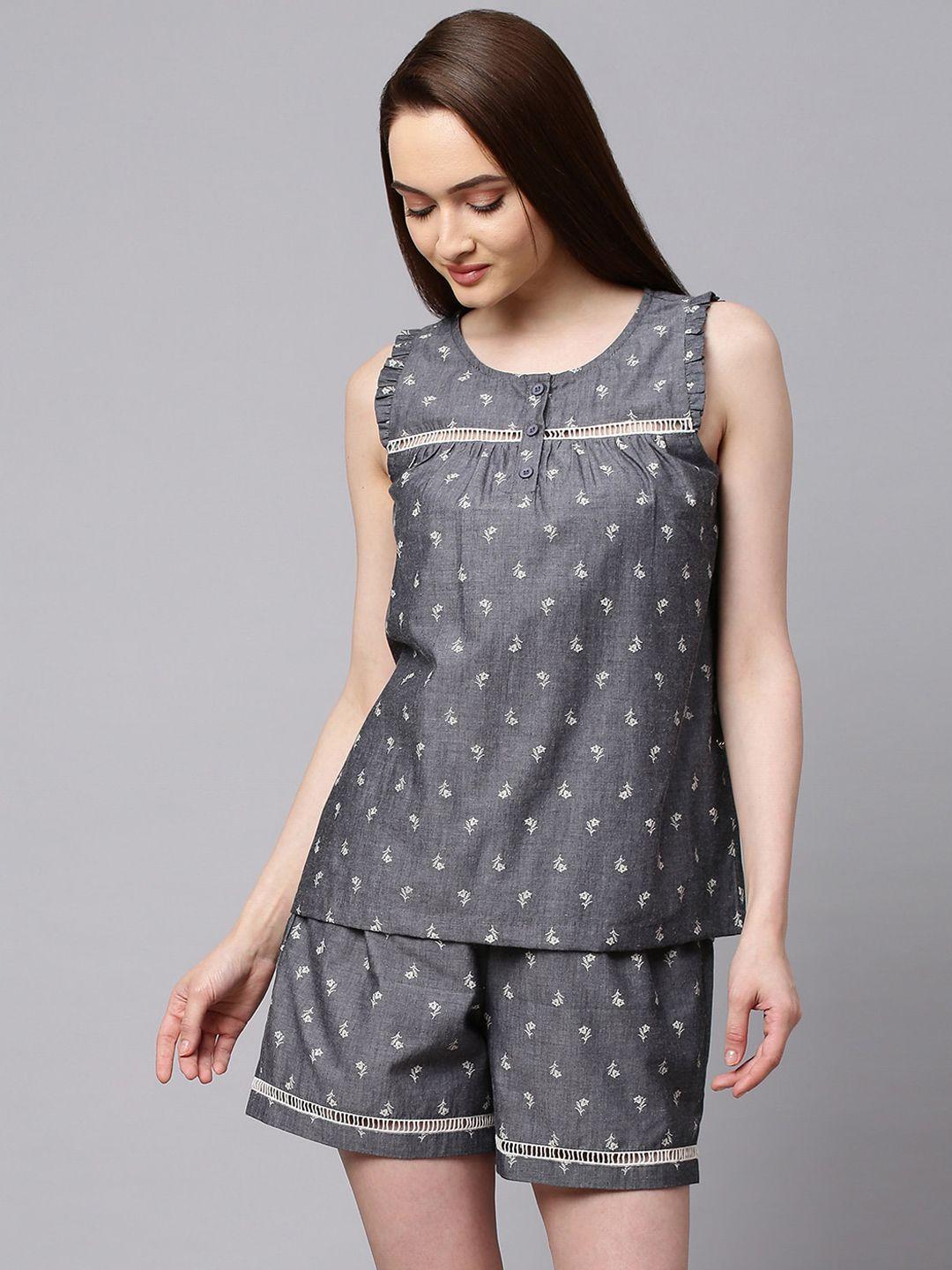 chemistry-women-grey-&-white-printed-pure-cotton-night-suit-with-lace-detail