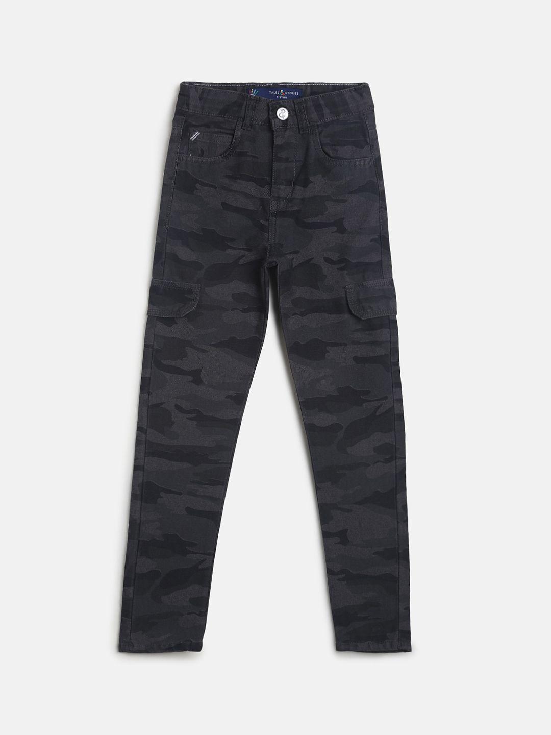 tales-&-stories-boys-grey-camouflage-printed-slim-fit-cargos-trousers