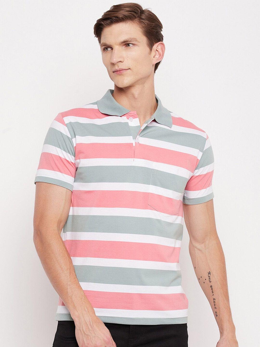 firstkrush-men-peach-coloured-&-white-striped-polo-collar-regular-t-shirt