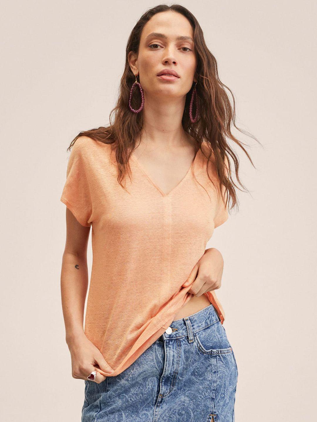 mango-women-coral-v-neck-linen-t-shirt