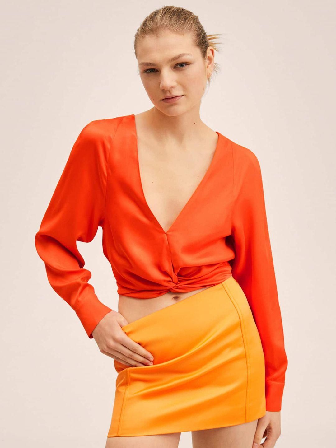 mango-women-orange-solid-twisted-top-with-styled-back