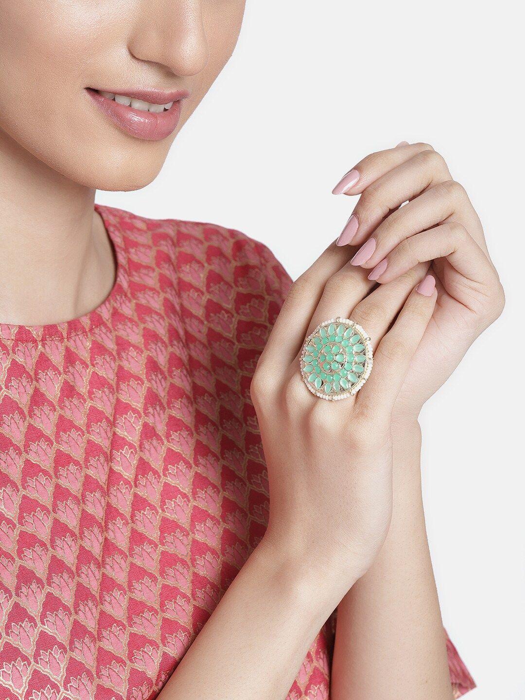i-jewels-women-turquoise-blue-&-white-18k-gold-plated-studded-adjustable-finger-ring