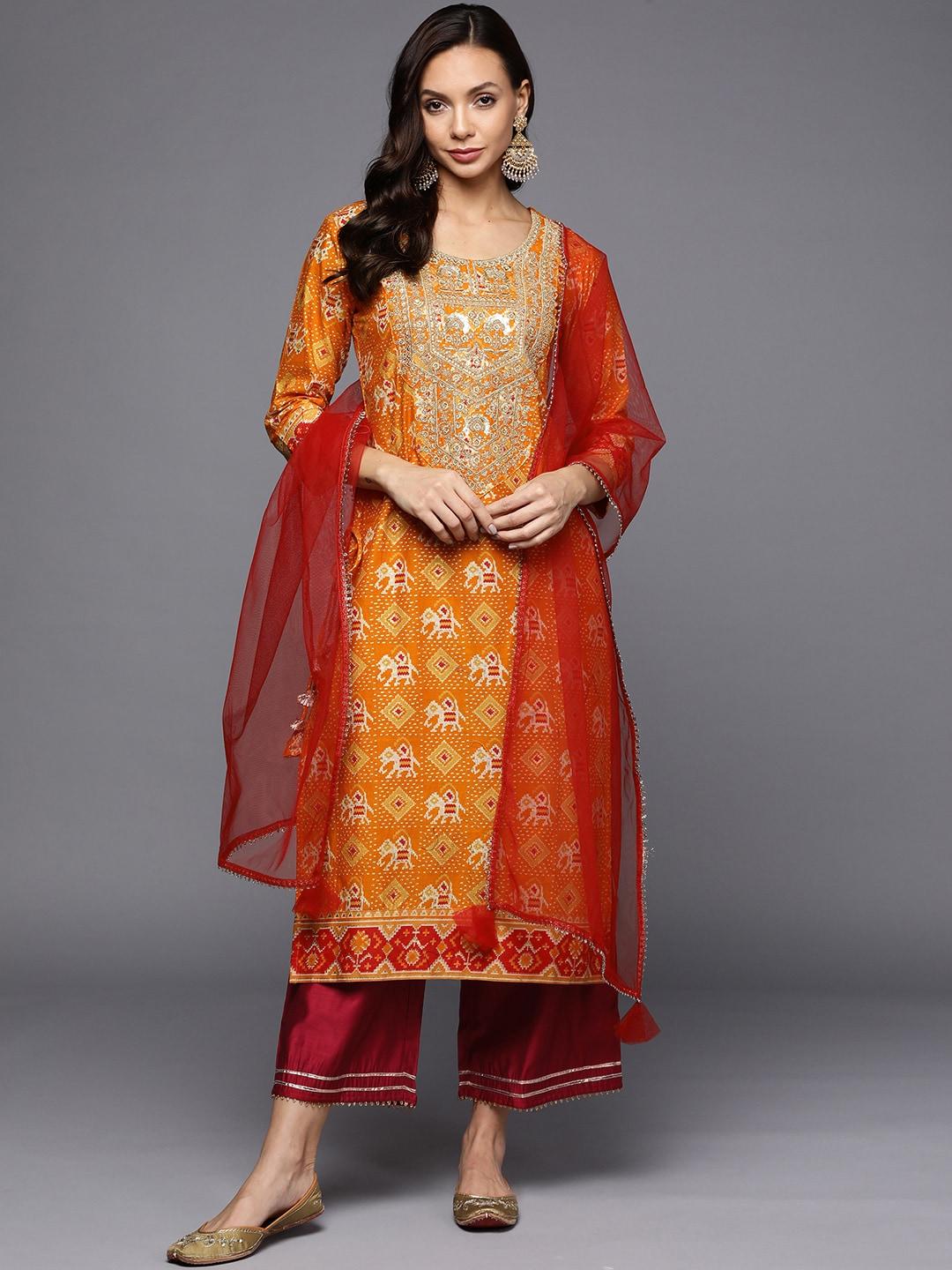 indo-era-women-mustard-yellow-&-red-ethnic-embroidered-kurta-with-palazzos-&-dupatta