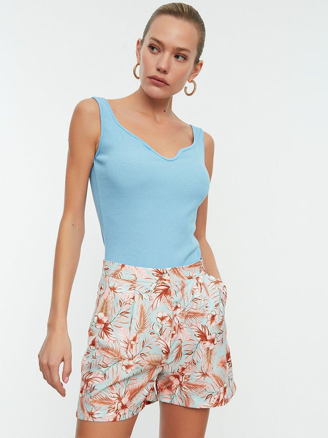 trendyol-women-blue-&-brown-floral-print-shorts