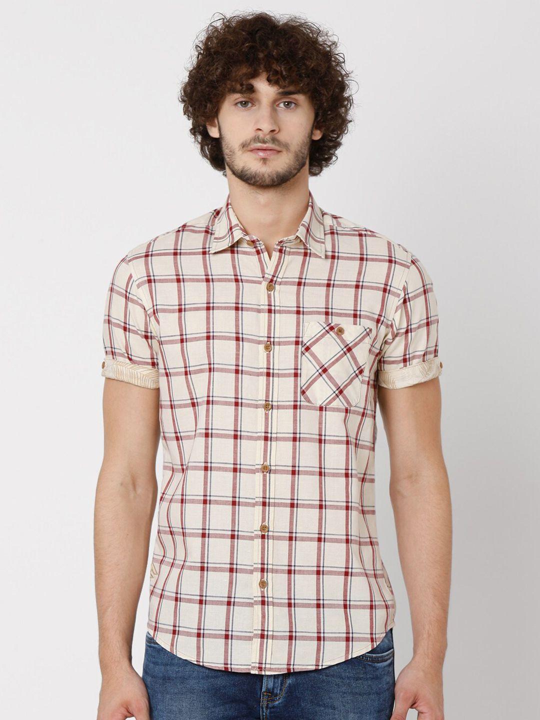 mufti-men-beige-slim-fit-checked-casual-shirt
