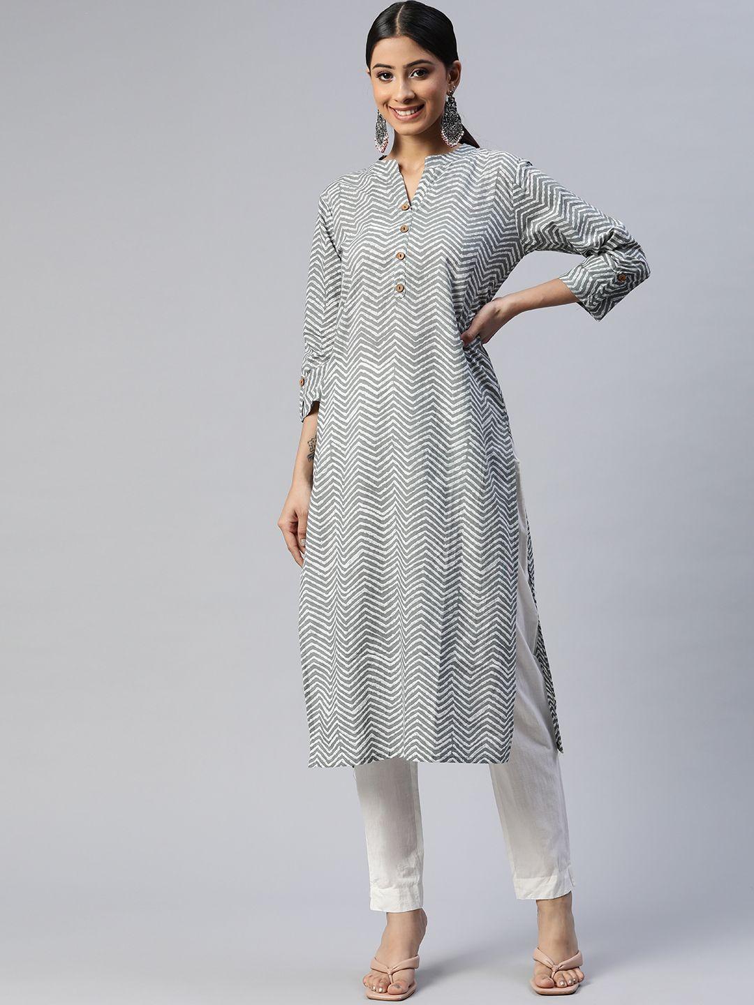 svarchi-women-khaki-&-white-chevron-printed-cotton-kurta