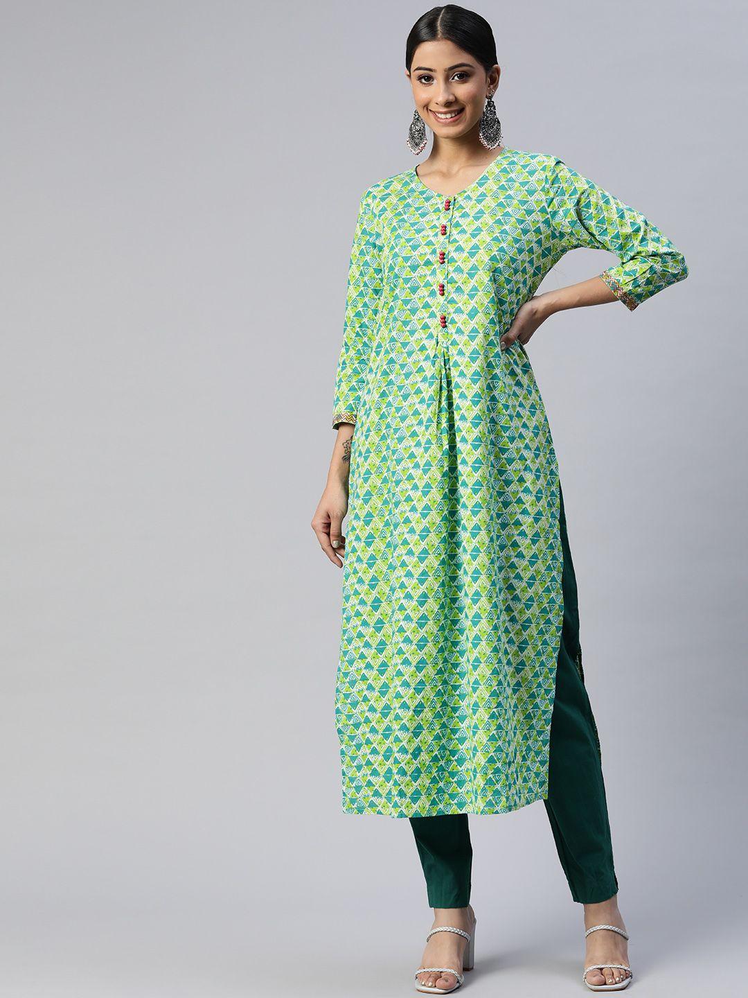svarchi-women-teal-green-&-yellow-geometric-printed-cotton-kurta