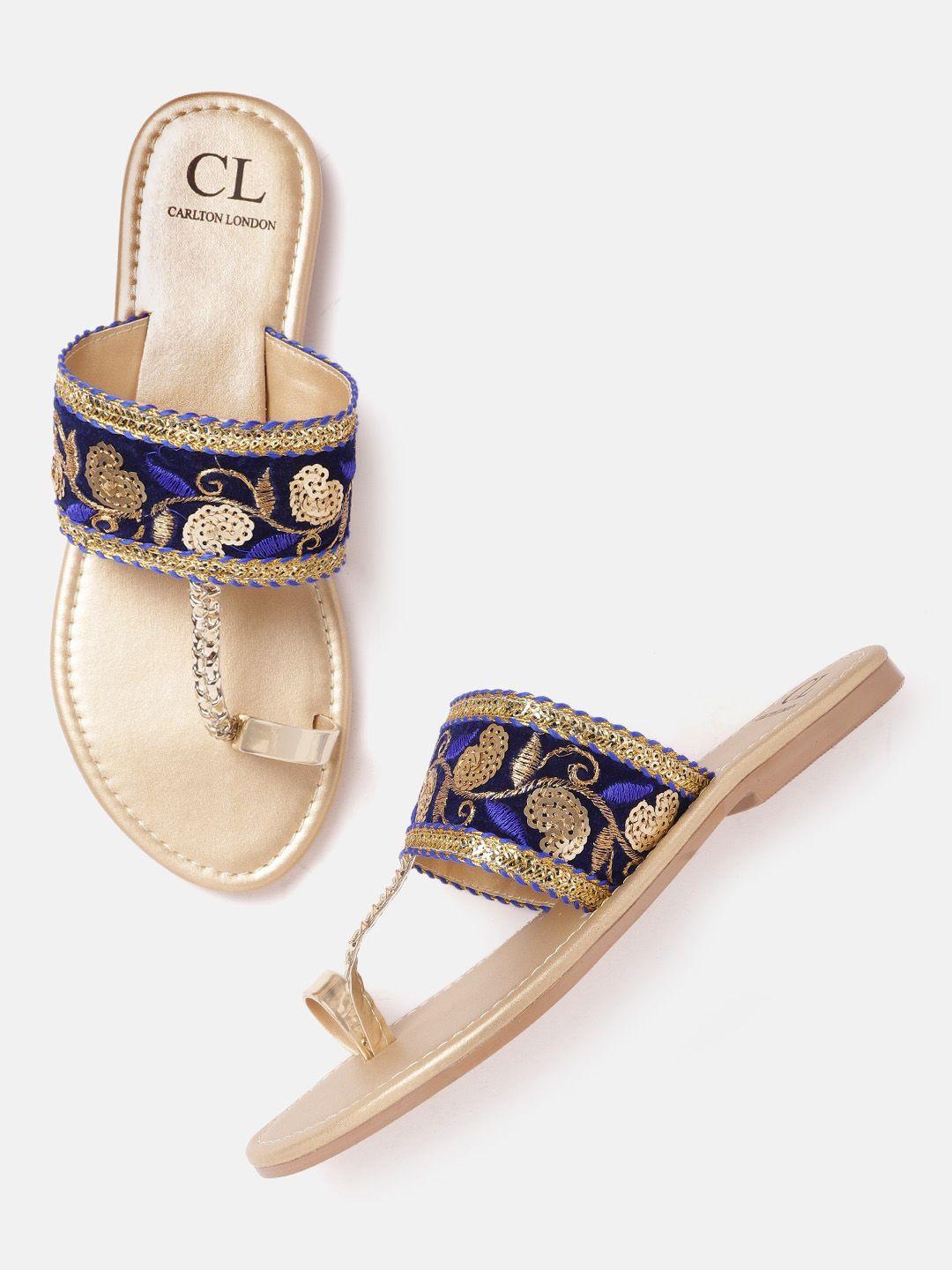 carlton-london-women-navy-blue-&-gold-toned-embroidered-one-toe-flats