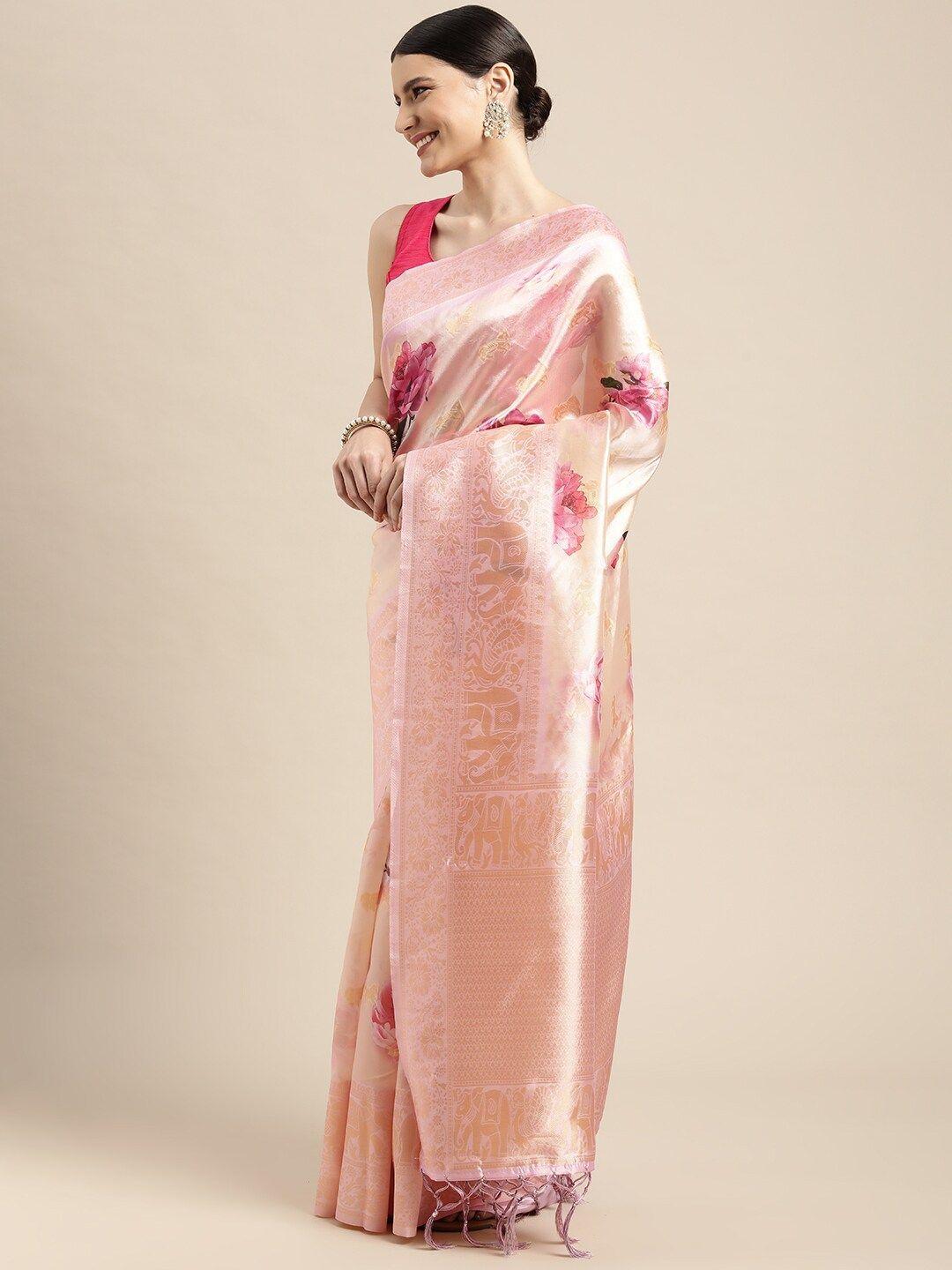 leeza-store-cream-coloured-&-pink-floral-printed-zari-saree