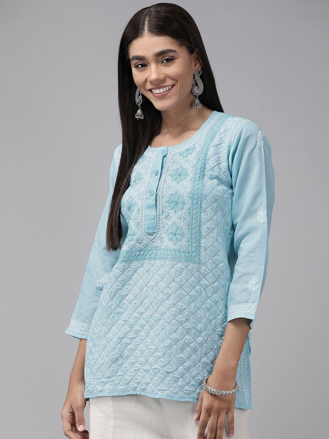 ada-blue-&-white-ethnic-motifs-embroidered-chikankari-handloom-kurti